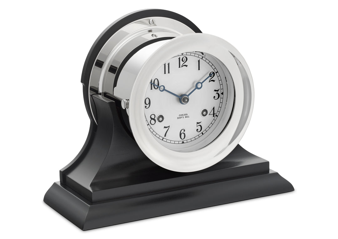4.5" Ship's Bell Clock in Nickel on Black Traditional Base