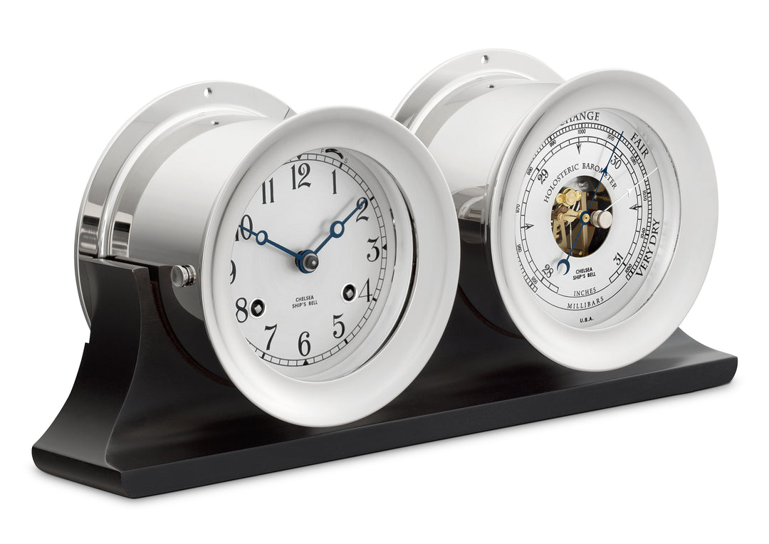 4 1/2" Ship's Bell Clock & Barometer in Nickel on Black Double Base