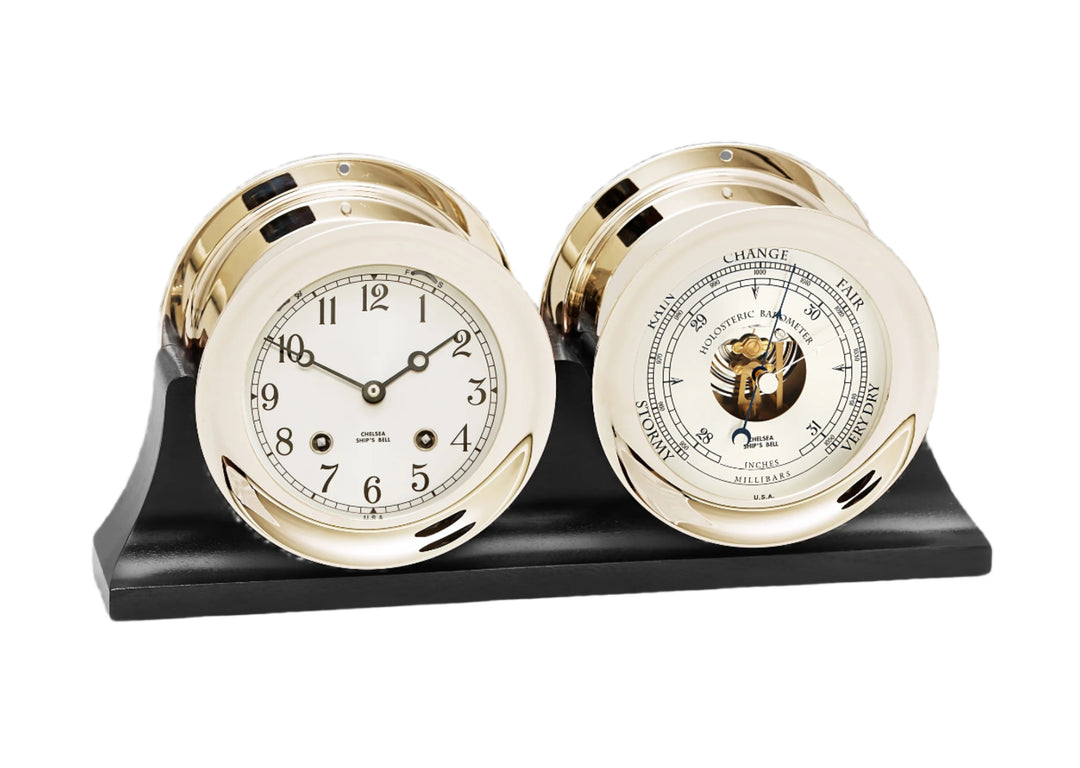 4 1/2" Ship's Bell Clock & Barometer in Nickel on Black Double Base