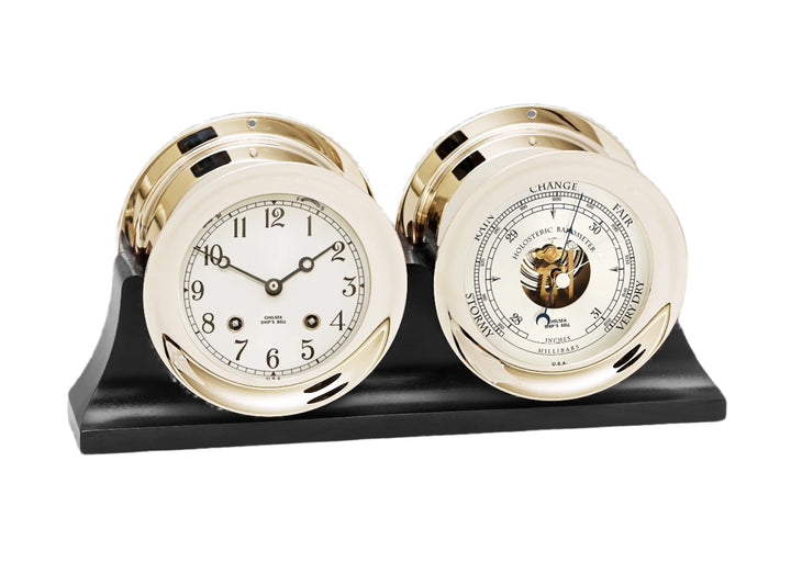 4 1/2" Ship's Bell Clock & Barometer in Nickel on Black Double Base