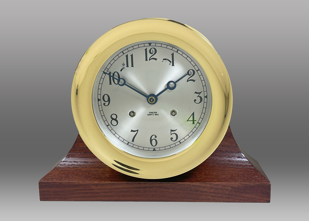 6" Ship's Bell Clock, Contemporary Base with Mahogany Finish