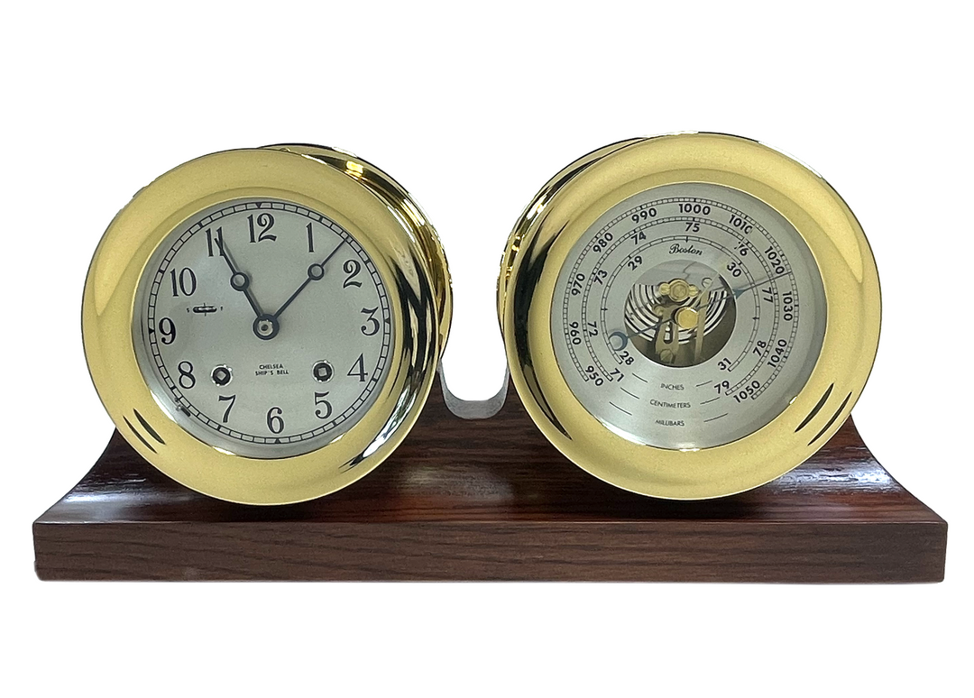 4.5" Brass Ship's Bell Clock and Barometer Set on Double Base, 2003