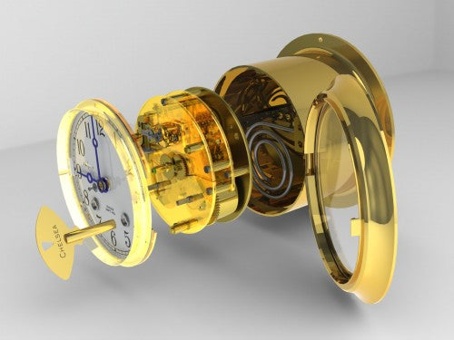 A modern CAD rendering demonstrating the assembly of our classic Ship's Bell clock.