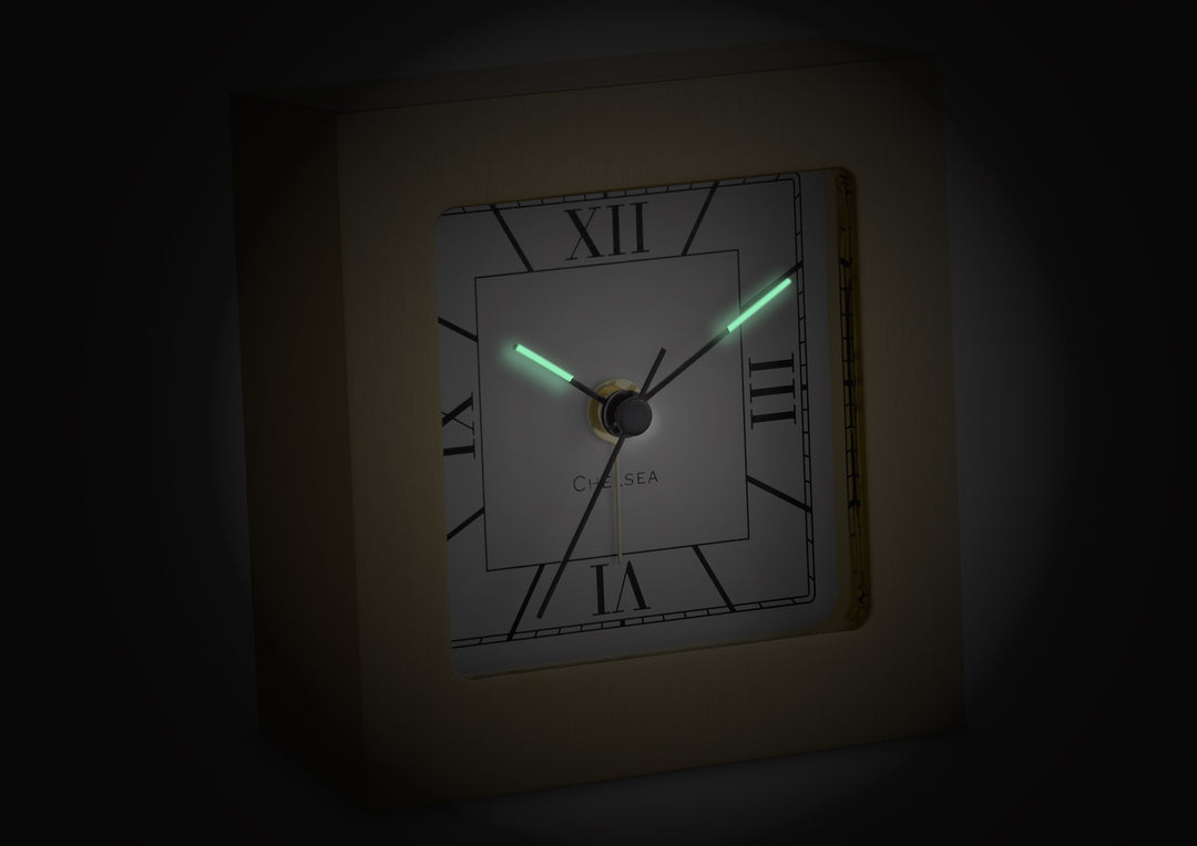 Square Desk Alarm Clock in Brass with Glow-in-the-Dark Hands