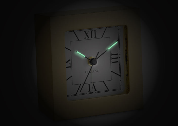 Square Desk Alarm Clock in Brass with Glow-in-the-Dark Hands