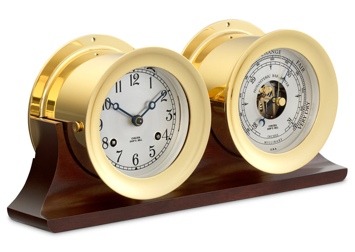 4 1/2" Ship's Bell Clock and Barometer in Brass on Double Base
