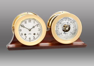 4 1/2" Ship's Bell Clock and Barometer in Brass on Double Base