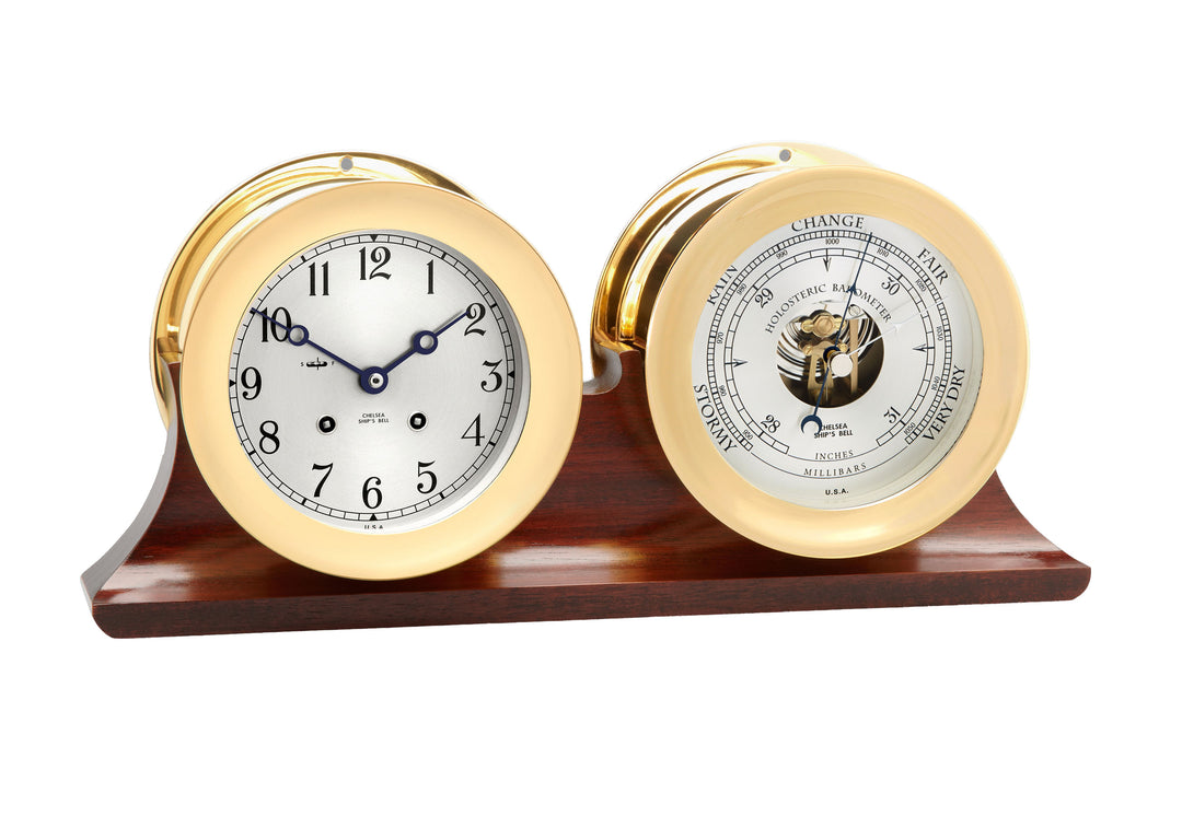 4 1/2" Ship's Bell Clock and Barometer in Brass on Double Base