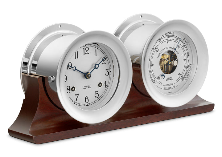 4 1/2" Ship's Bell Clock & Barometer in Nickel on Double Base