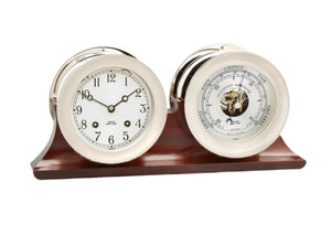 4 1/2" Ship's Bell Clock & Barometer in Nickel on Double Base