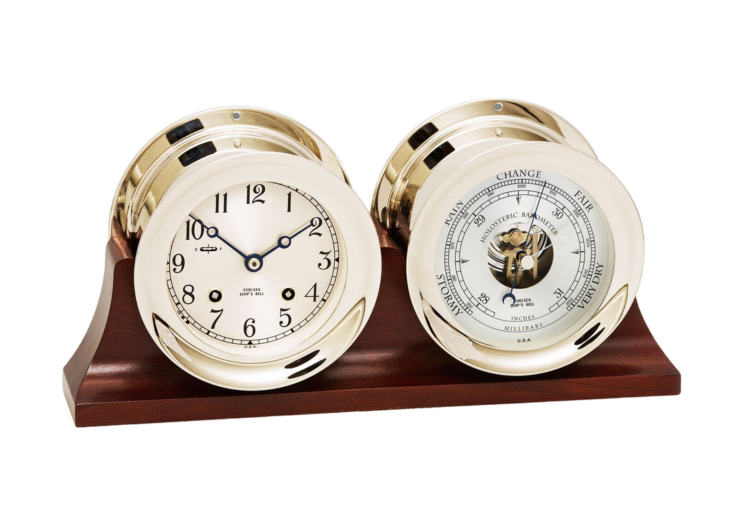 4 1/2" Ship's Bell Clock & Barometer in Nickel on Double Base