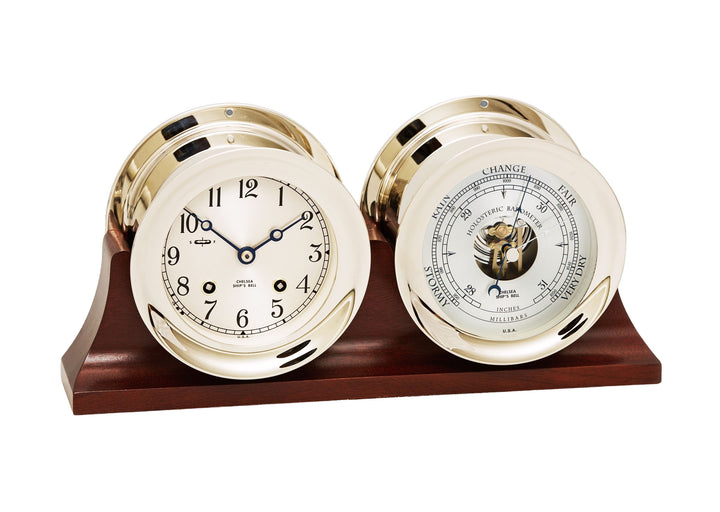 4 1/2" Ship's Bell Clock & Barometer in Nickel on Double Base