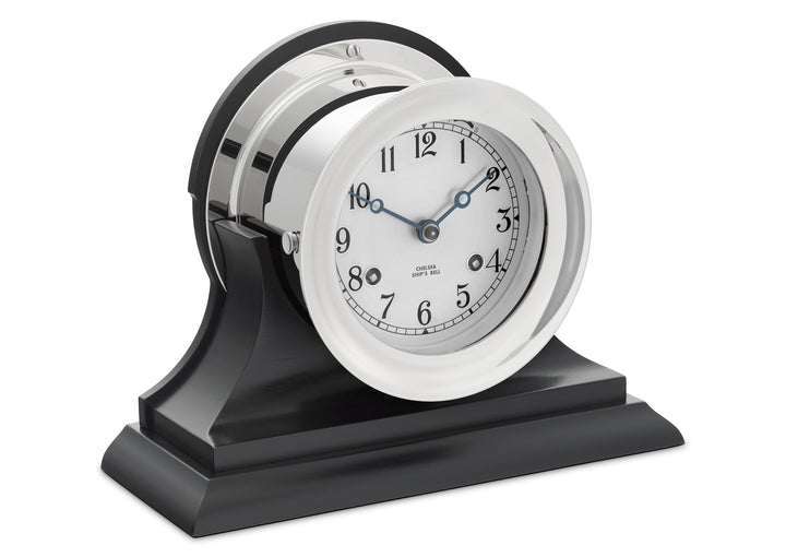 4.5" Ship's Bell Clock in Nickel on Black Traditional Base