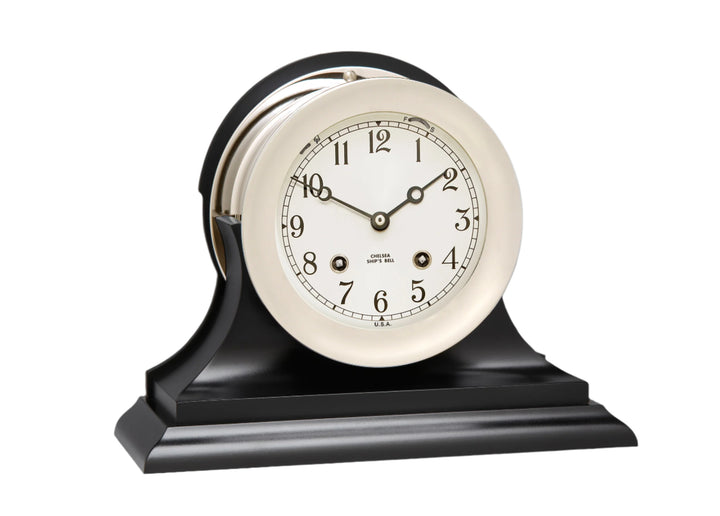 4.5" Ship's Bell Clock in Nickel on Black Traditional Base