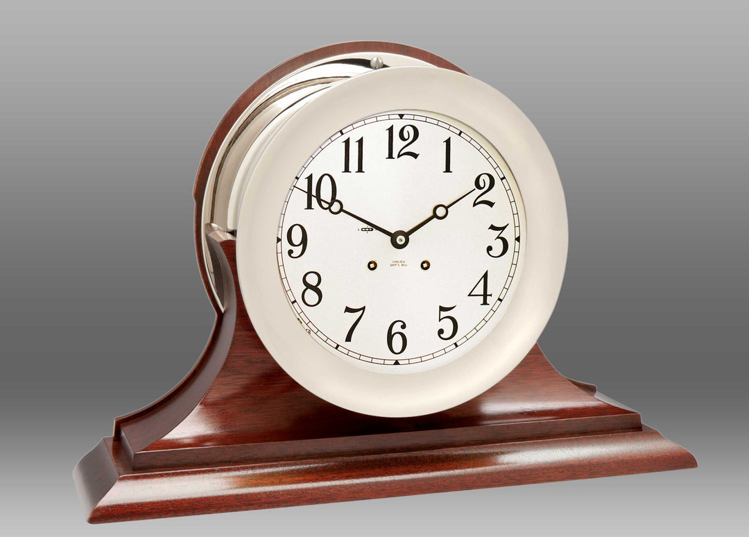 8 1/2" Ship's Bell Clock in Nickel on Traditional Base