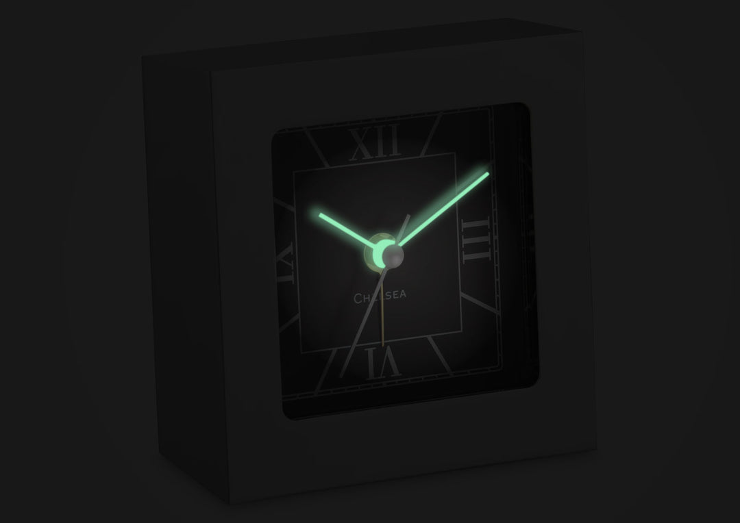 Square Desk Alarm Clock in Nickel with Glow-in-the-Dark Hands