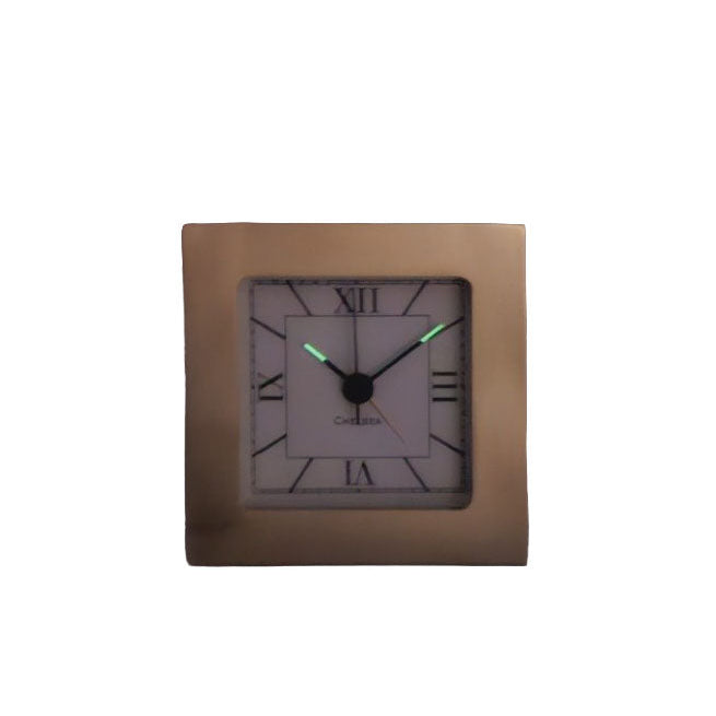 Square Desk Alarm Clock in Brass with Glow-in-the-Dark Hands