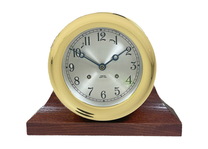 6" Ship's Bell Clock, Contemporary Base with Mahogany Finish