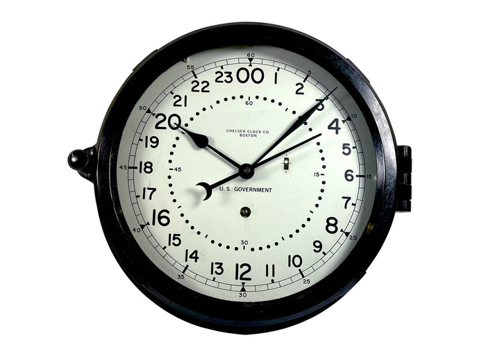 8.5" Marine Mechanical Clock, Black Phenolic, 24 Hour White US Government Dial 841373