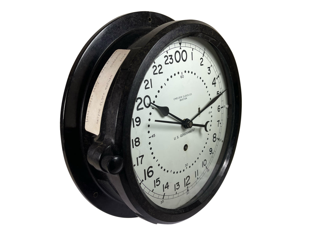 8.5" Marine Mechanical Clock, Black Phenolic, 24 Hour White US Government Dial 841373