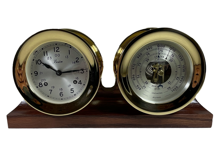 4.5" Brass Boston Shipstrike Clock and Barometer Set on Double Base
