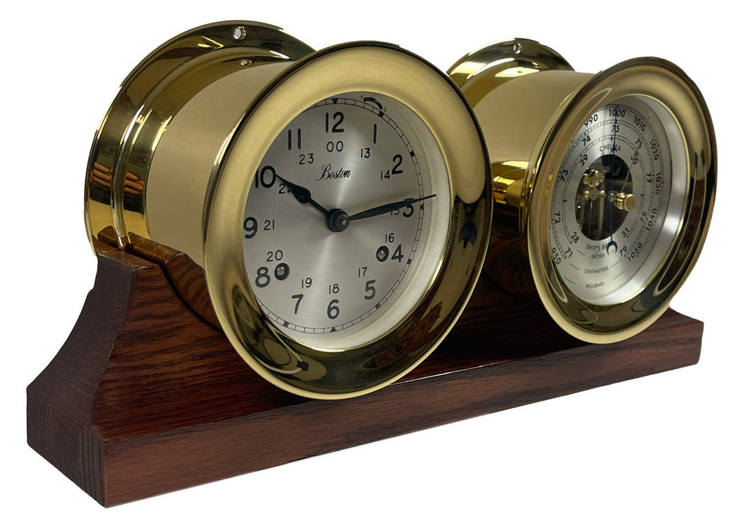 4.5" Brass Boston Shipstrike Clock and Barometer Set on Double Base