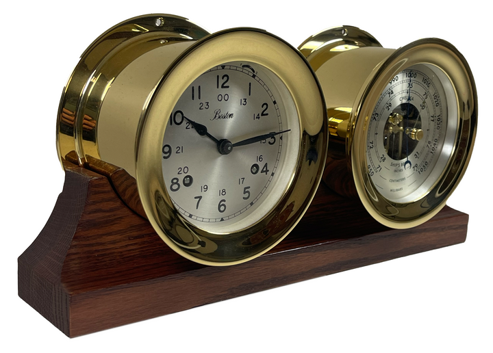 4.5" Brass Boston Shipstrike Clock and Barometer Set on Double Base