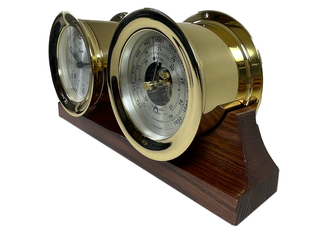 4.5" Brass Boston Shipstrike Clock and Barometer Set on Double Base