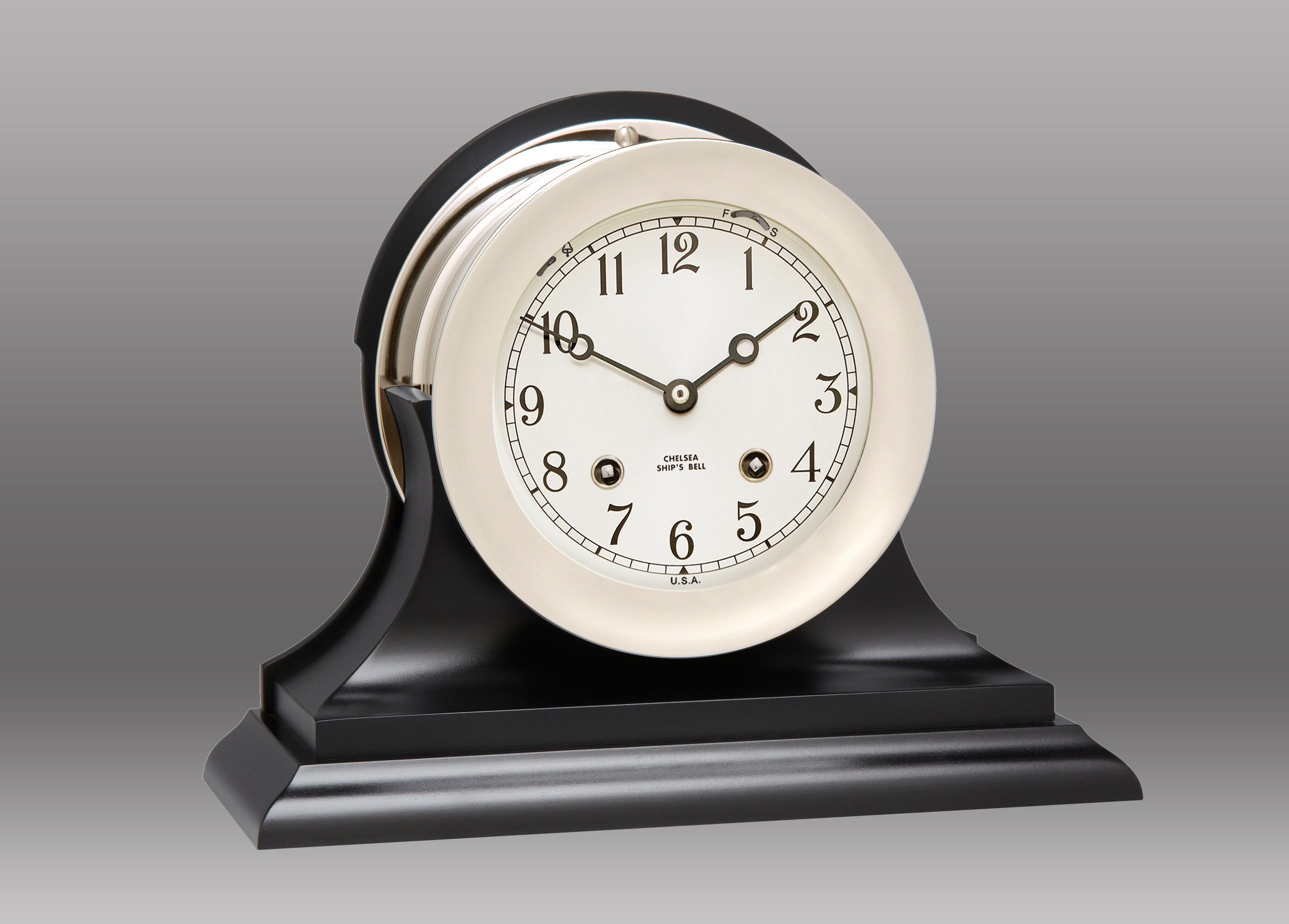 4.5" Ship's Bell Clock in Nickel on Black Traditional Base