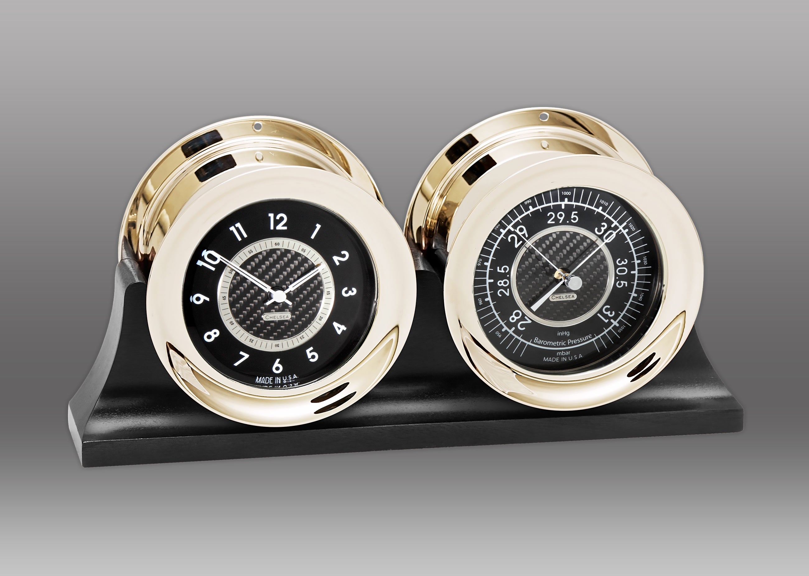 4 1/2" Carbon Fiber Clock and Barometer Set in Nickel on Double Base   