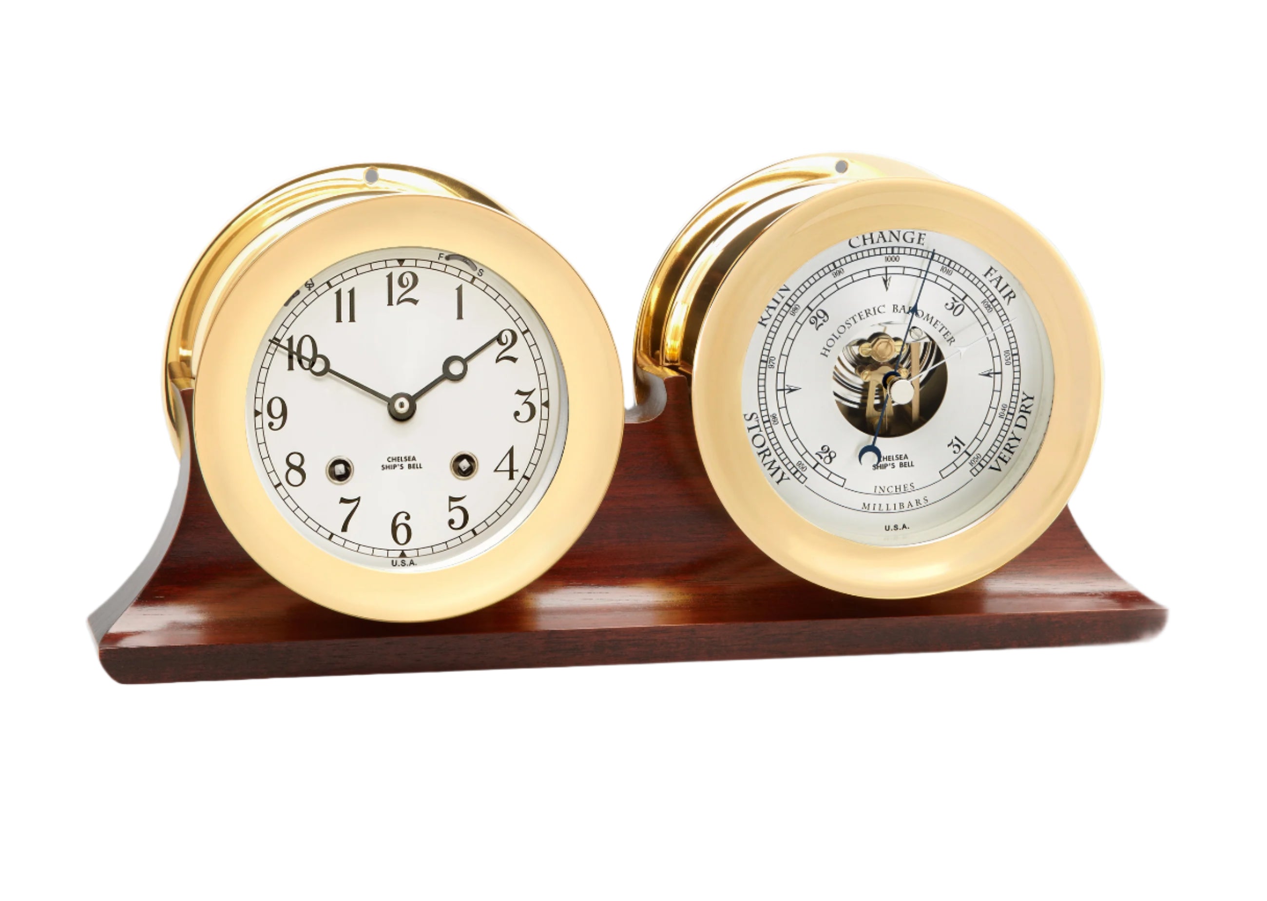 4 1/2" Ship's Bell Clock and Barometer in Brass on Double Base