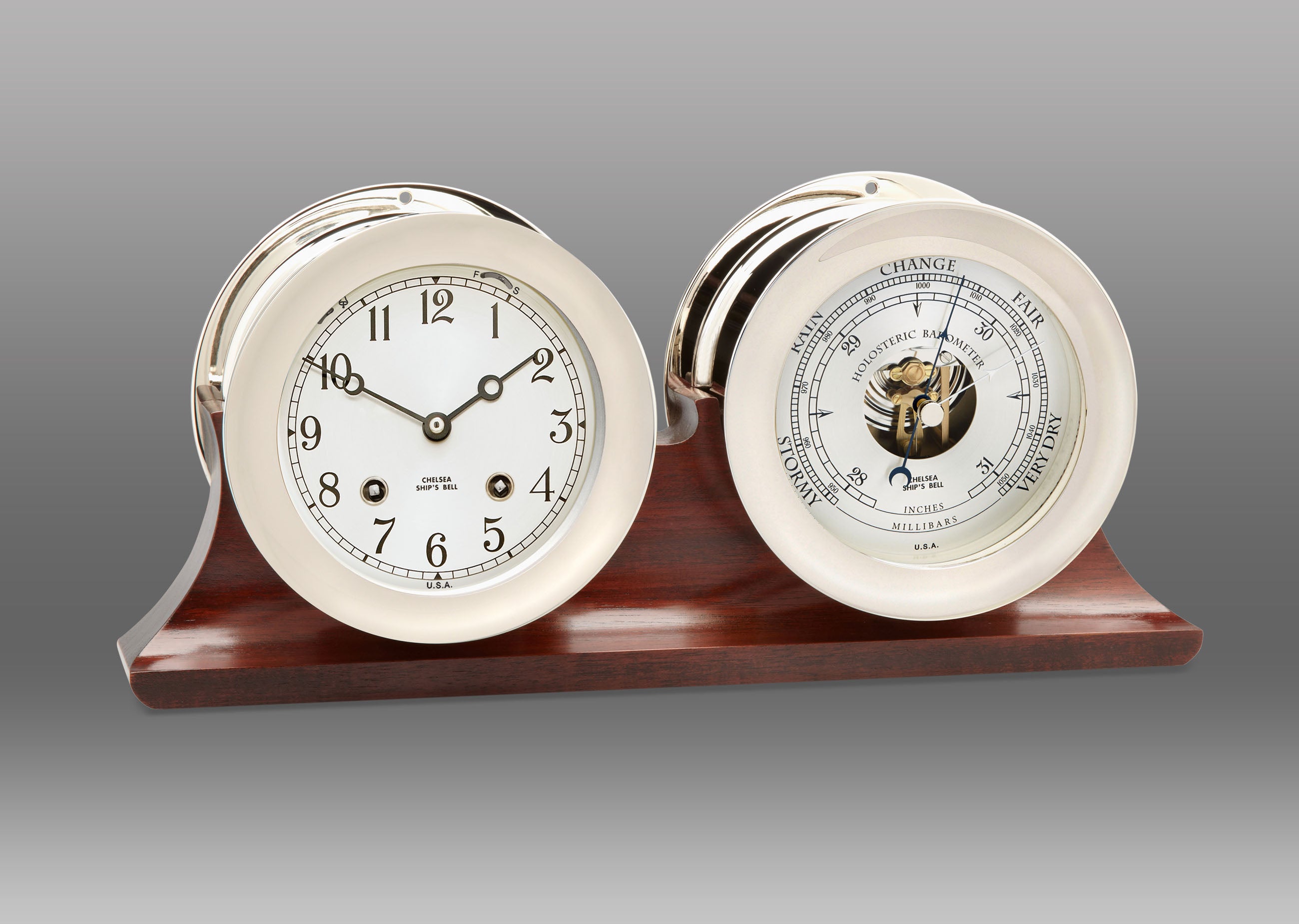 4 1/2" Ship's Bell Clock & Barometer in Nickel on Double Base 